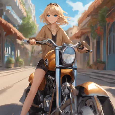 Cute anime girl riding motorcycle short straight sandy blonde hair blue eyes