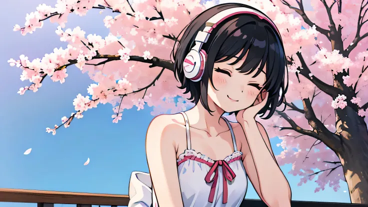 1girl, solo, gentle smile on her face flat chest, short hair, black hair, upper body, ((masterpiece, illustration, best quality)) ((best quality)), ((masterpiece)), (detailed), perfect face, sitting under the cherry blossom tree, listening to music, One wo...