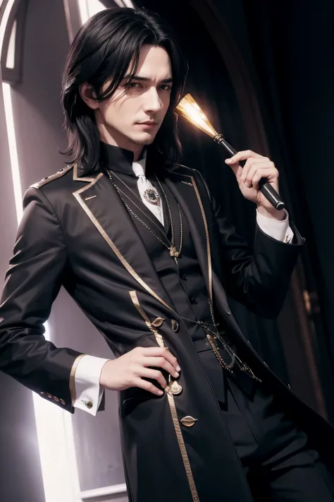 Severus snepe new, IN ANIME FORM, fully body, holding an epée, skin black

