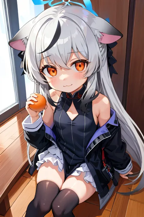 tmasterpiece， best qualtiy， ultra - detailed， 1girll，Gray hair Kokona， inside in room， Orange eye， ：3，the face,  closeup cleavage,  Winter suit, winter wonder