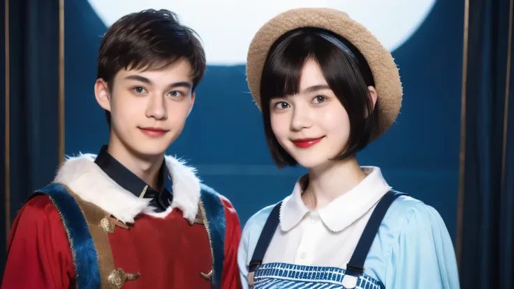 248 (An 18-year-old female and an 18-year-old male), (short hair),kind, lipstick, Finnish national costume, smile