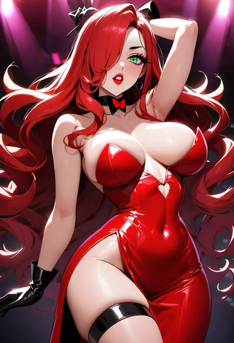 Jessica Rabbit, tall and slender woman, with sensual curves, small waist, wide hips, great taste, long hair, wavy hair, fiery red hair, bangs over one eye, bright green almond eyes, long and dense eyelashes, full lips well-defined, deep red lips, black eye...