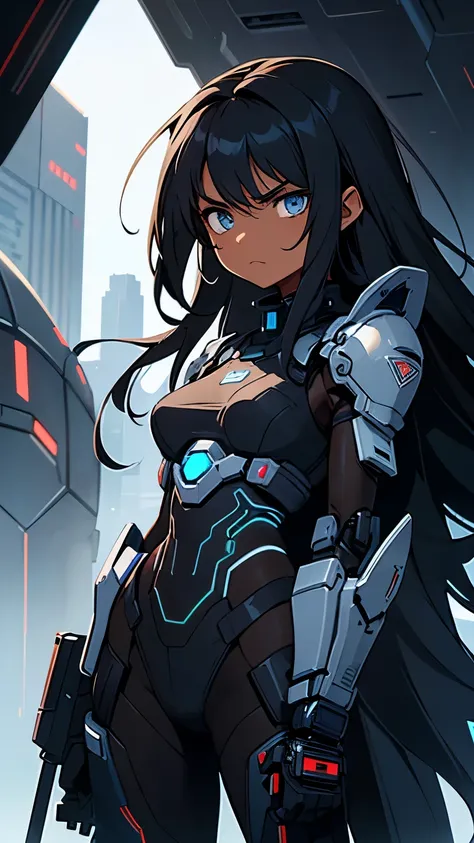 Young female, brown skin, black hair, long hair, messy hair, hair with dark blue highlights, dark blue eyes, wearing black futuristic cybernetic armor, holding a cybernetic weapon, serious expression, in a futuristic world
