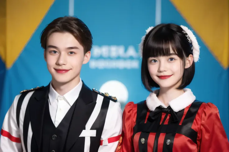 248 (An 18-year-old female and an 18-year-old male), (short hair),kind, lipstick, Finnish national costume, smile