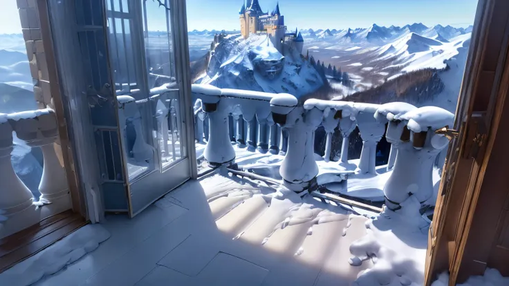 (((Different world interior scene，The castle balcony on the top of the mountain,)))，Snowy mountain tops，Blue flag，beauty，Spectacular，majesty，luxurious，Ice cubes，Crystal clear，Glass，transparent，Light，warmth，