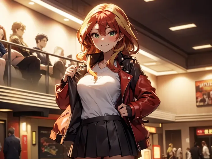 sunsethuman, medium breasts, two tones of hair, red and yellow hair, undressing, in a movie theater lobby, skirt, leather jacket, smiling, blushing