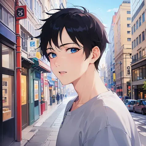 close up of your face、shiny skin, masterpiece、Highest quality、(25-year-old male:1.5) and (Black short hair) and (blue eyes), White T-shirt、Are standing、surprised、The background is a shopping street、alone