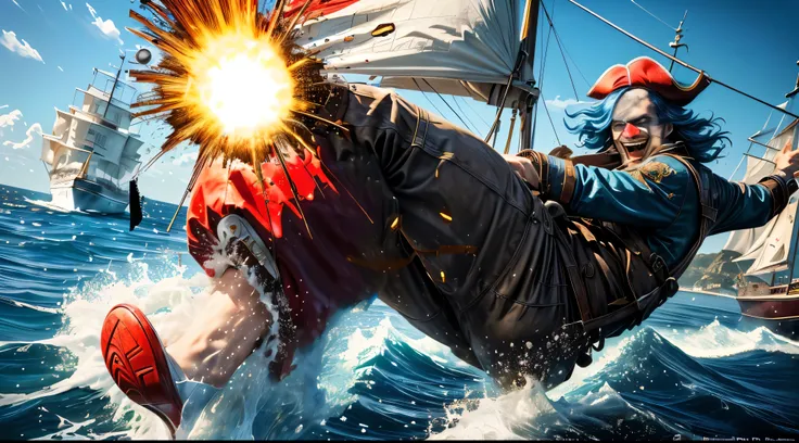 masterpiece, best quality, extremely detailed, hyperrealistic:1.1, photorealistic, a cool 40s man, ultra detailed face:1.2, red nose:1.3, long blue hair, red and white pirate hat, kicking, dynamic pose, laughing, on detailed yacht, sea
