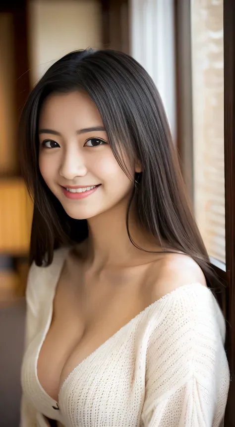 masterpiece,best quality,(Japanese ),((Beautiful girl)),cleavage,indoor,(perfect body beauty:1.2),(shy smile),beautiful teeth,