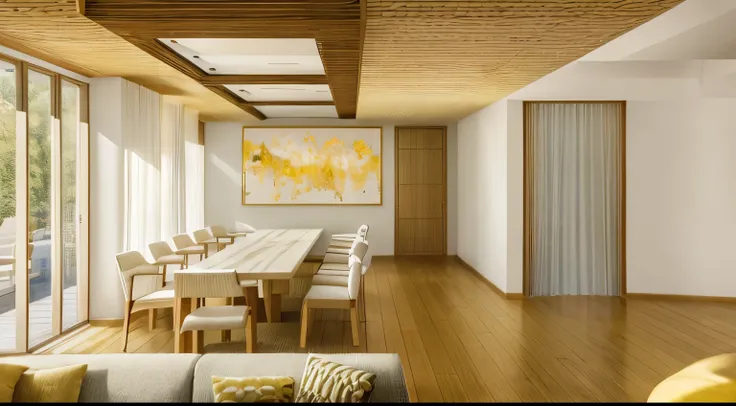 The living room is designed in a Zen style, with light yellow polished stone flooring, a spiral staircase made of copper-toned steel, brown oak arched doors, rounded-edge light yellow gypsum ceiling, a white marble kitchen counter, wall-mounted wooden cabi...