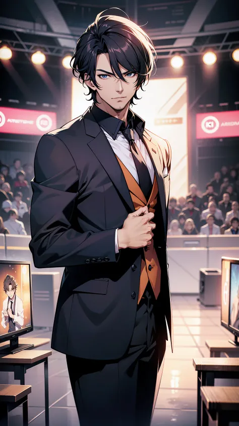 A host，Television， He is nearby, Anime handsome man,  Looking at the audience, high resolution, Super sharp, 8K, masterpiece