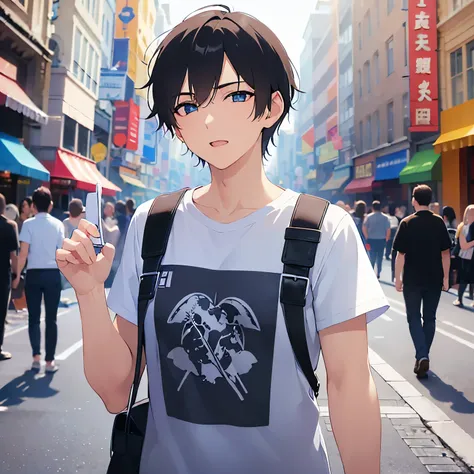 (hand up:1.5), upper body、shiny skin, masterpiece、Highest quality、(25-year-old male:1.5) and (Black short hair) and (blue eyes), White T-shirt、Are standing、surprised、The background is a shopping street、alone