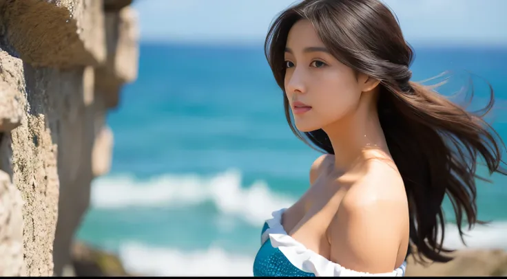 top-quality、beautiful japanese female、Superb view、on a cliff、off-shoulder:1.2、micro bikini:1.2、huge tit、The wind is blowing