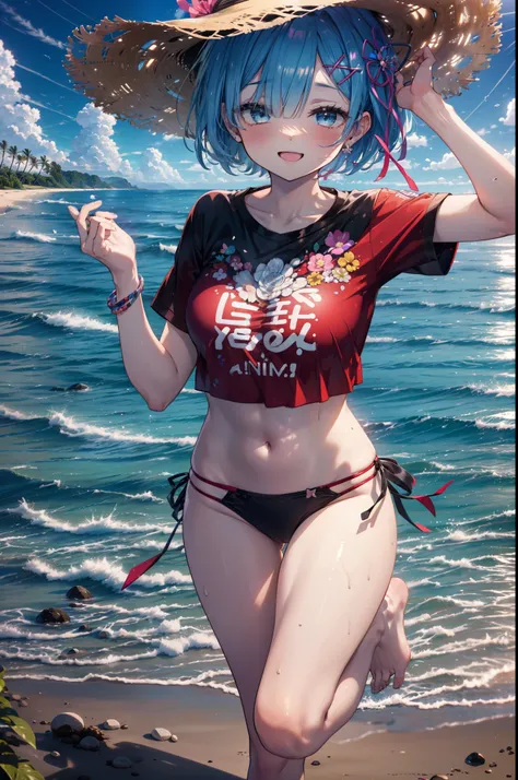 rezeroRem, Rem, blue eyes, Blue Hair, hair ornaments, Hair on one eye, Hair Ribbon, short hair, x hair ornaments,Straw hat,,happy smile, smile, Open your mouth,blush,Red T-shirt,Short sleeve,Bikini swimwear under clothes,barefoot,barefoot,walking,whole bod...