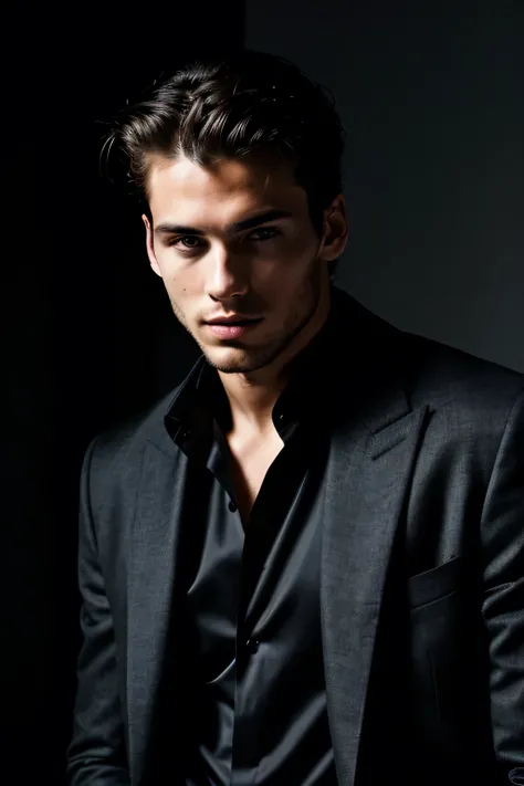 attractive male model in a dark theme, posing for a fashion magazine, elegant, shot of just his face, looking to the camera,