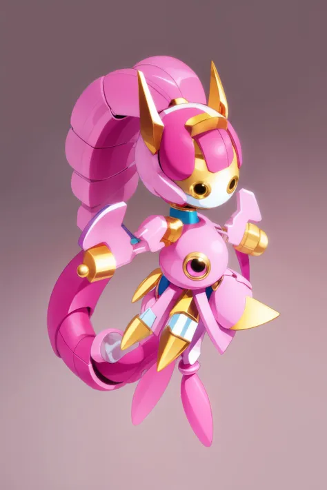 a solo pink and pupple medabot with gold trim with no mouth and glowing eyes and long hair high ponytail, high detail, simple ba...