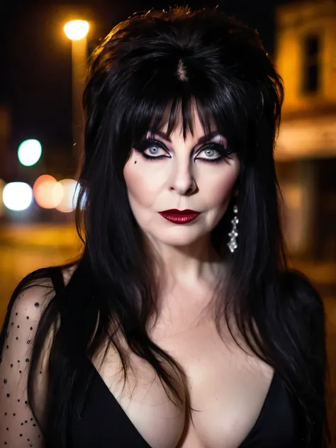 a fashion photo of a (beautiful elvira:1.2), (seductive gaze:1.2), standing on an abandoned street corner at night, wearing a bl...