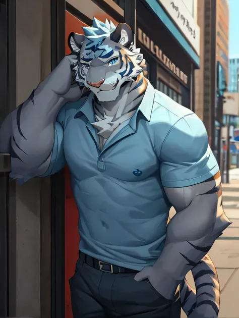 masterpiece, Solitary, Furry tiger, aldult, Gray fur, blue eyes, Gray short hair, Muscular body, nice, Handsome, fiercely, casual shirt, casual pants, Blue goggles,  Cool pose.