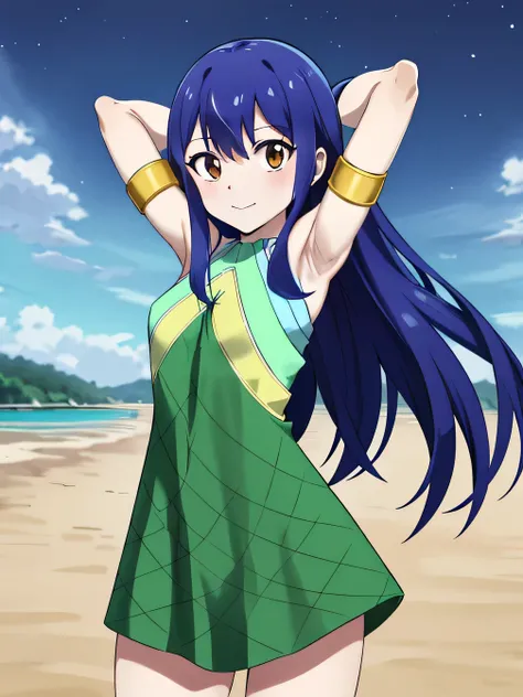 aawendy, masterpiece, best quality, highres, long hair, bare shoulders, green dress, sleeveless dress, armlet, bracelet, looking at viewer, solo, contrapposto, spread armpit, arms behind head, smile, looking at viewer, (cowboy shot:1.5), closed mouth, nigh...