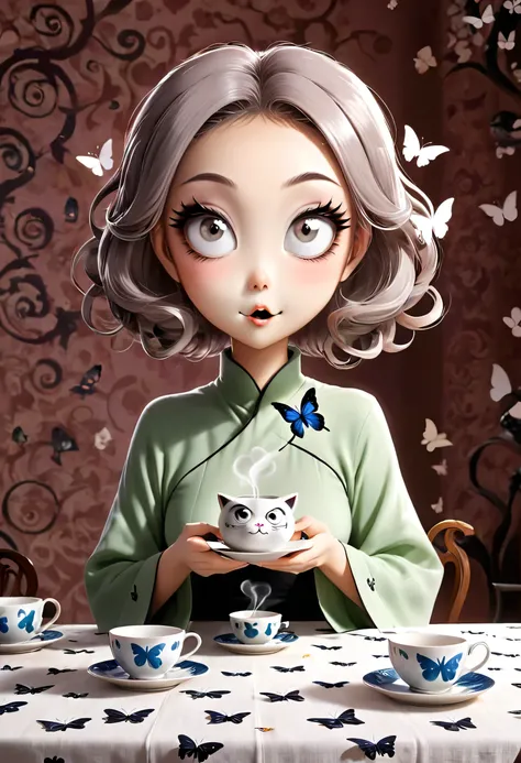 The beautiful Tatsumaki, With her huge eyes she looks amazed and with a big smile while she drinks tea from ceramic cups with ghostly cat shapes while the butterflies flutter around the table and the tablecloth..