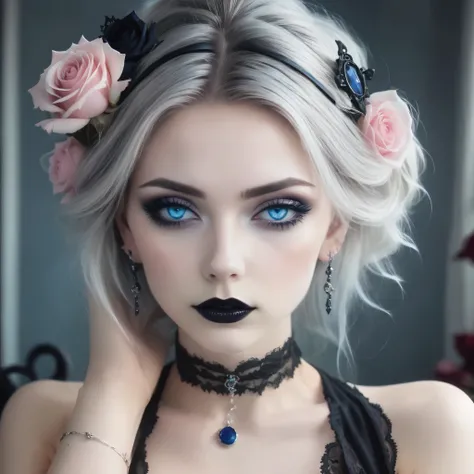 A stunning gothic woman with pale skin and intense blue eyes, framed by dramatic black eye makeup and dark lipstick. Her hair is styled in an elegant updo, adorned with pink roses and intricate silver headpieces. She wears a black lace choker and matching ...