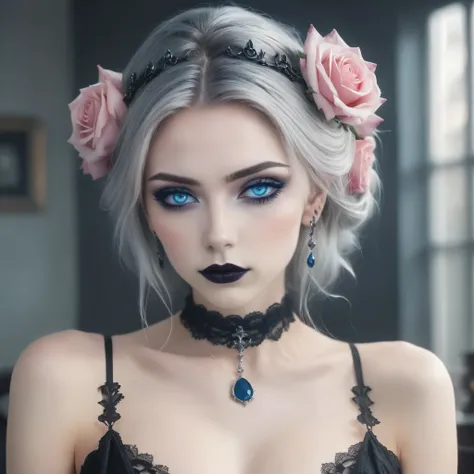 A stunning gothic woman with pale skin and intense blue eyes, framed by dramatic black eye makeup and dark lipstick. Her hair is styled in an elegant updo, adorned with pink roses and intricate silver headpieces. She wears a black lace choker and matching ...