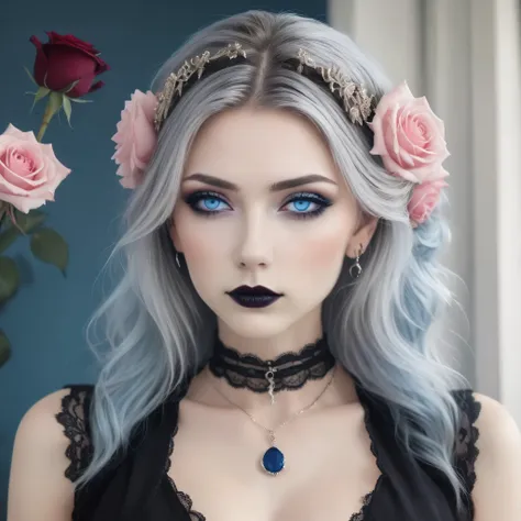 A stunning gothic woman with pale skin and intense blue eyes, framed by dramatic black eye makeup and dark lipstick. Her hair is styled in an elegant updo, adorned with pink roses and intricate silver headpieces. She wears a black lace choker and matching ...