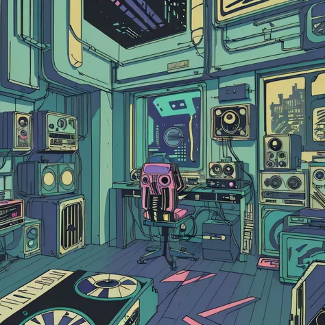 , super detailed, retro wave, cyber punk, sad mood, night light through the window, night vibes, room, 2d, (long shot), wide sho...