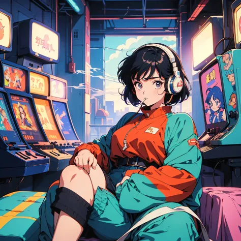 Retro arcade anime girl, 80's anime atmosphere, 80s anime style, Retro Anime Girls, 1980s anime style, Retro anime images, Anime atmosphere, Playing games, Smoking、4k、Wearing headphones