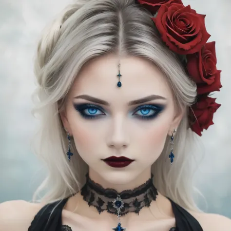 a stunning gothic woman with pale skin and intense blue eyes, framed by dramatic black eye makeup and dark lipstick. her hair is...