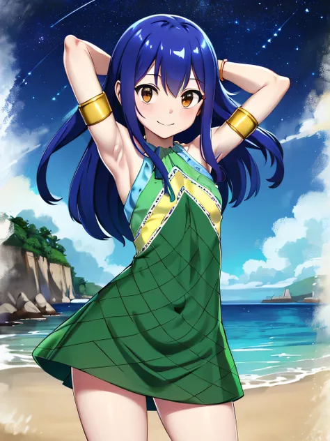 aawendy, masterpiece, best quality, highres, long hair, bare shoulders, green dress, sleeveless dress, armlet, bracelet, looking at viewer, solo, contrapposto, spread armpit, arms behind head, smile, looking at viewer, (cowboy shot:1.5), closed mouth, nigh...