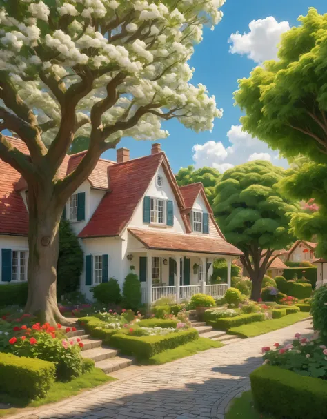 create a vibrant and serene neighborhood scene under a clear blue sky filled with fluffy white clouds. the focal point is a larg...