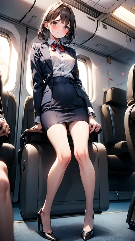 (1 person、alone:1.1), Beautiful woman, Anatomically perfect body, Slender、(stewardess、Cabin attendant), (Japan Air Line uniform、Jacket、Pencil Skirt:1.1)、(Look down:1.2), (detailed panty, Pussy juice:1.2)、20-year-old、(Highest quality)、Black Hair, (Half Up:1...