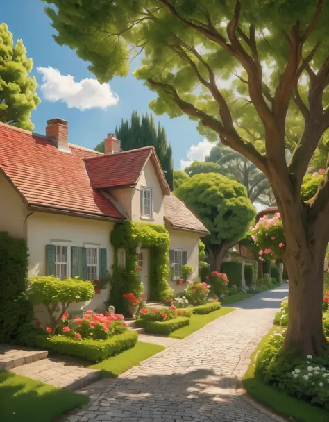Create a vibrant and serene neighborhood scene under a clear blue sky filled with fluffy white clouds. The focal point is a large, ancient tree with a thick, textured trunk and sprawling branches covered in lush green foliage. The sunlight filters through ...