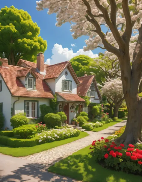 create a vibrant and serene neighborhood scene under a clear blue sky filled with fluffy white clouds. the focal point is a larg...