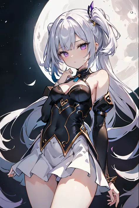 1girl, アニメ, cute girl, blank background, white background, fantasy, detailed fantasy dress with highlights, beautiful face, beautiful eyes, dark colors, black hair with multicolor streaks, red eye with different color pupil in eye, multicolor eye, medium b...