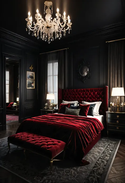 [ornate, regal bedroom with a large, dark wood, tufted headboard, red velvet bedding, and a crystal chandelier. the room is dark...