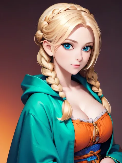 One Caucasian Beauty, blonde hair in braids,Bianca,Dragon Quest V, ssmile, big pale blue eyes, Woman in green dress and orange cloak,