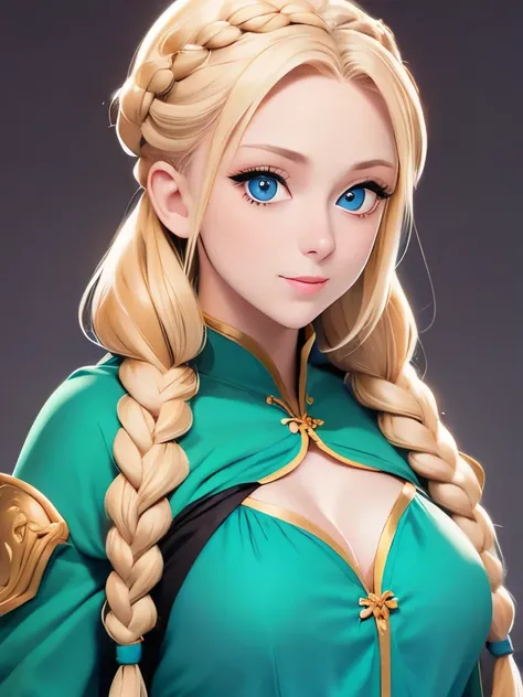 One Caucasian Beauty, blonde hair in braids,Bianca,Dragon Quest V, ssmile, big pale blue eyes, Woman in green dress and orange cloak,