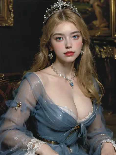 ((masterpiece、Highest quality、Very detailed、High resolution、Realistic、Sharp focus))、((Stunningly beautiful blonde woman、(Mid Shot)、Brightness of the face))、High contrast、High saturation、Stunning and gorgeous painting、Marie Antoinette、Gorgeous dress、crown、n...