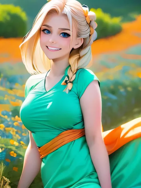 One Caucasian Beauty, blonde hair in braids,Bianca,Dragon Quest V, ssmile, big pale blue eyes, Woman in green dress and orange cloak,