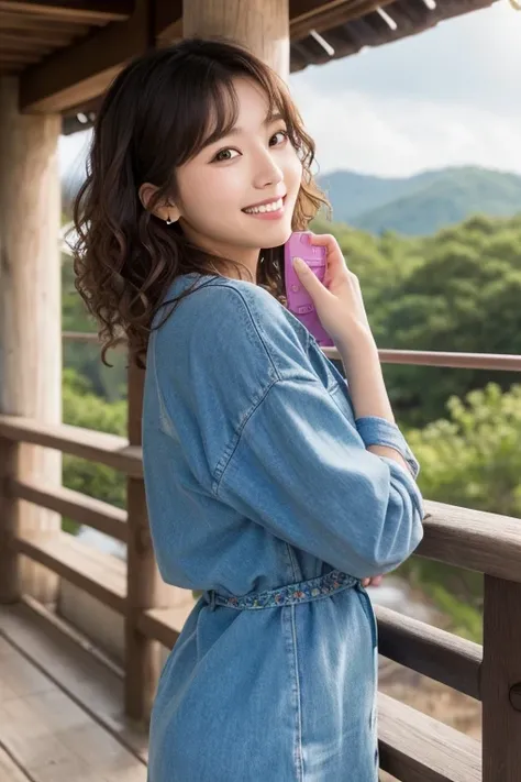 Produce the highest quality and highest resolution 8K images。The model is a 20-year-old Japanese woman.。The image depicts a person smiling at the camera and taking a commemorative photo at a tourist spot.。Draw the whole body of the model。She has brown eyes...