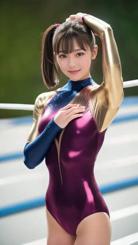 ((Gymnastics Venue:1.3)), ((Highly detailed skin), Beautiful realistic face, White skin, Pointed Chest, Small nipples, Perfect Anatomy, Realistic eyes, Natural eyes, Brown eyes, Accurate eye focus, Accurate limbs), (hyper realist, Ultra-realistic, 4K, Atte...