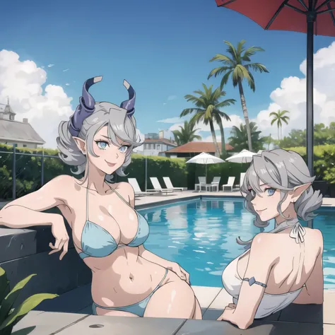 　3 girls High level image quality　best image quality　8K　 adult woman    pool party  rain　palm trees  more colors   whole body view　portrait　golden bikini   　horn    ears  　short hair（（shortcut）（gray hair）（perm）（fluffy））　eye color is blue ,  , 　attractive e...