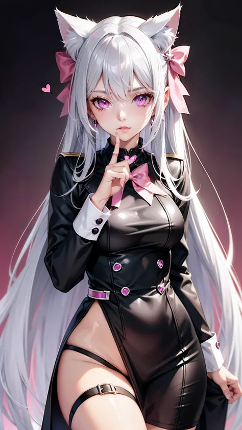 Silver hair, pink eyes, body, cat ears, sexy girl, earrings, heart background fantasy, uniform, hair bow