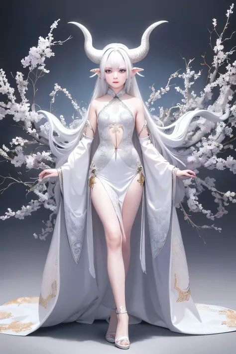 Stunning Masterpiece, Best Quality, Ultra-High Resolution, Super Detailed, Award-Standing, 8k Wallpaper, Solo, Full Body Shot, Traditional Chinese Attire, Albinism, Androgynous, Scales, White Hair, Short Cut, Rounded Horns.

Glistening and ethereal, adorne...