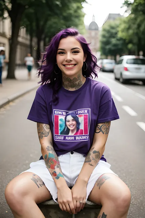 street photography of a young woman with purple hair, SMILE, happy, beautiful t-shirt, tattoos on his arms, sitting in a 50&#39;s restaurant