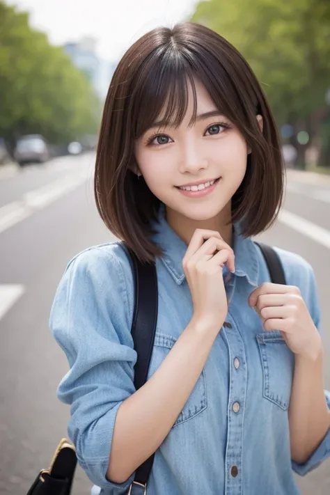 Produce the highest quality and highest resolution 8K images。The model is a 20-year-old Japanese woman.。The image depicts a person smiling at the camera and taking a commemorative photo at a tourist spot.。Draw the whole body of the model。She has brown eyes...