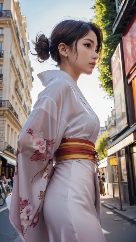 (Highest quality, 16K, masterpiece: 1.3)), 1 Girl, Sharp focus: 1.2, Beautiful woman with perfect figure: 1.4, Slim Abs: 1.2, (((Short Bob Hair)), ((small: 1.4)), ((Beautiful Face Idol: 1.3)), (Transparent fabric kimono 1.5)), Highly detailed face and skin...