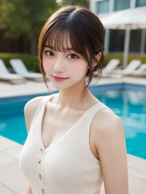 masutepiece, Best Quality, Illustration, Ultra-detailed, finely detail, hight resolution, 8K Wallpaper, Perfect dynamic composition, Beautiful detailed eyes, doress, short Hair, mid-chest, Natural Color Lip, Random and sexy poses,Smile, Blurred Poolside ba...